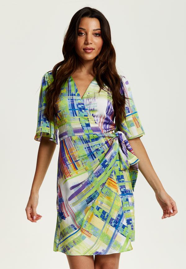 Liquorish Women's Midi Dress In Green With Short Kimono Sleeves Featuring Abstract Print - Liquorish