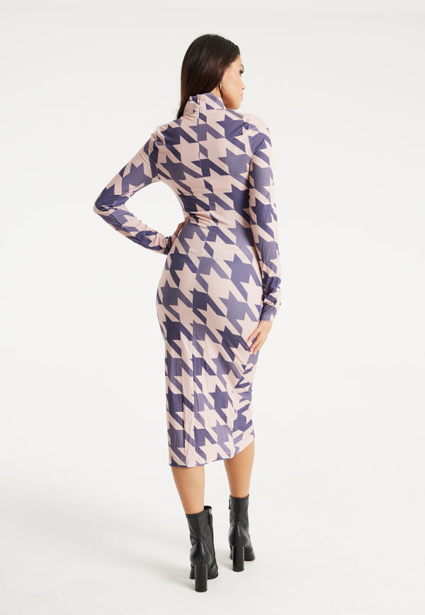 Liquorish Women's Midi Dress In Houndstooth Print With High Neck Long Sleeves & Ruching Detail - Liquorish