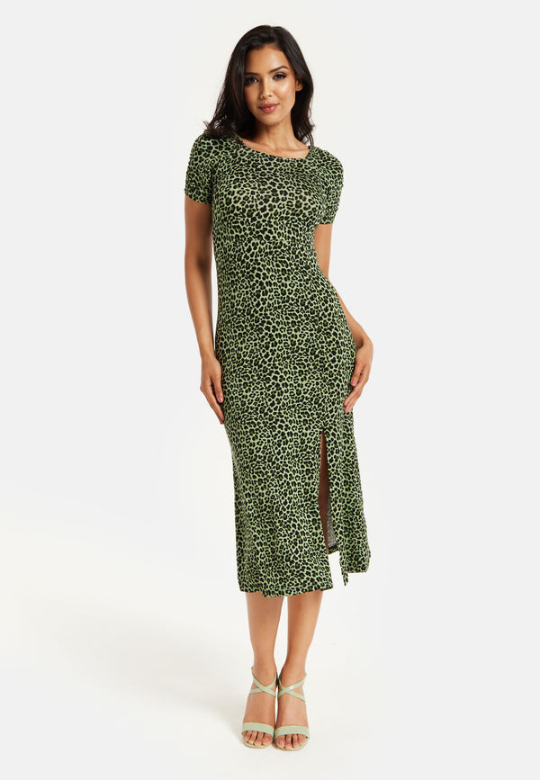 Liquorish Women's Midi Dress In Khaki Animal Print With Short Sleeves And Front Slit - Liquorish