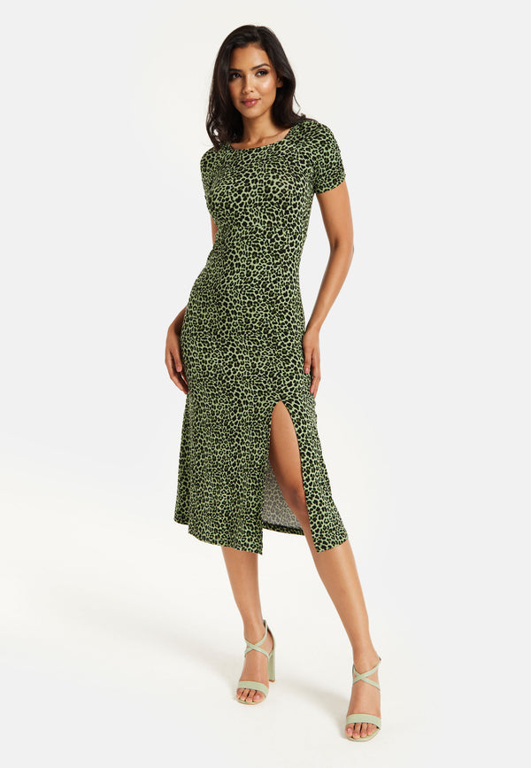 Liquorish Women's Midi Dress in Khaki Animal Print with Short Sleeves and Front Slit - Liquorish