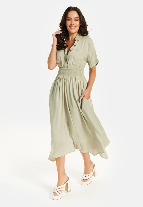 Liquorish Women's Midi Dress In Khaki With Elasticated Waist Button Detail And Front Split