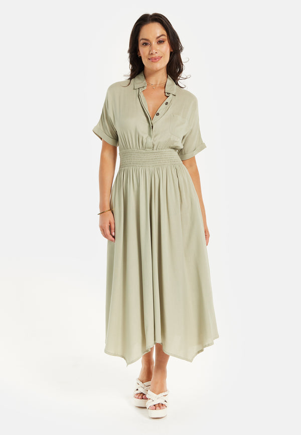 Liquorish Women's Midi Dress In Khaki With Elasticated Waist Button Detail And Front Split