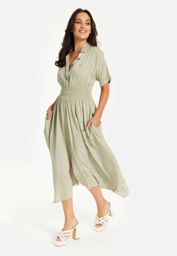 Liquorish Women's Midi Dress in Khaki with Elasticated Waist Button Detail and Front Split