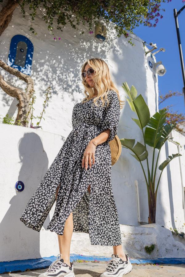 Liquorish Women's Midi Dress in Leopard Print with Roll-Up Sleeves - Stylish Button Through Design by Liquorish