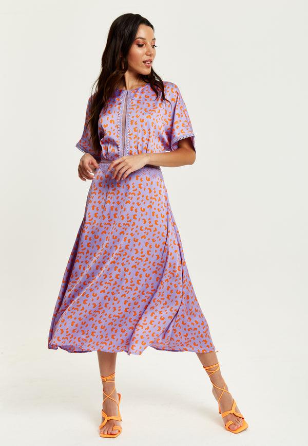 Liquorish Women's Midi Dress In Lilac And Orange With Mesh Detailing Cheetah Print Short Sleeves - Liquorish