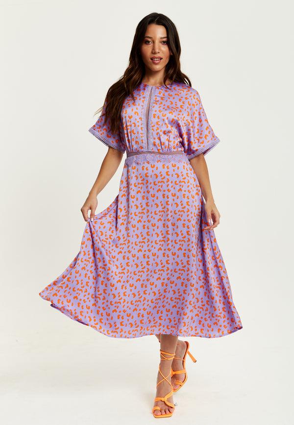 Liquorish Women's Midi Dress In Lilac And Orange With Mesh Detailing Cheetah Print Short Sleeves - Liquorish