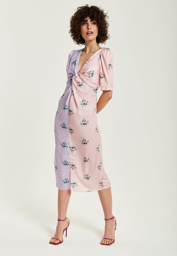 Liquorish Women's Midi Dress In Lilac And Pink Floral With Short Sleeves And Knot Front - Liquorish