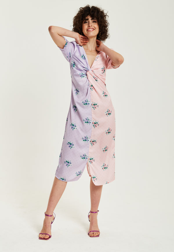 Liquorish Women's Midi Dress In Lilac And Pink Floral With Short Sleeves And Knot Front - Liquorish