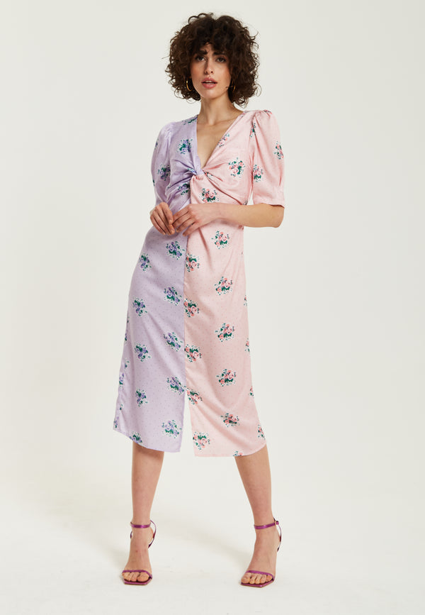 Liquorish Women's Midi Dress in Lilac and Pink Floral with Short Sleeves and Knot Front - Liquorish