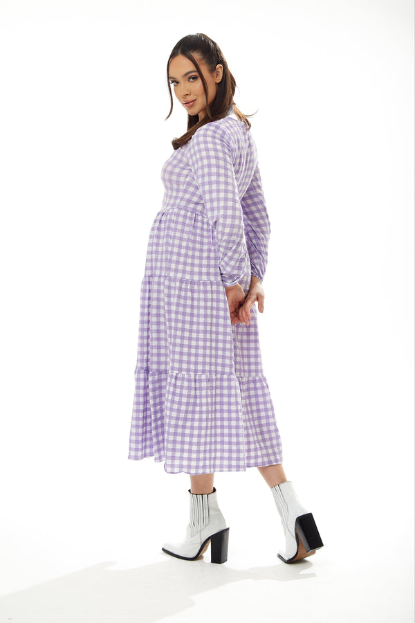 Liquorish Women's Midi Dress In Lilac And White Gingham With Long Sleeves - Perfect For City Outings Family Lunch And The Pub - Liquorish