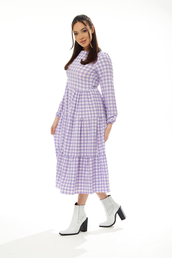 Liquorish Women's Midi Dress In Lilac And White Gingham With Long Sleeves - Perfect For City Outings Family Lunch And The Pub - Liquorish