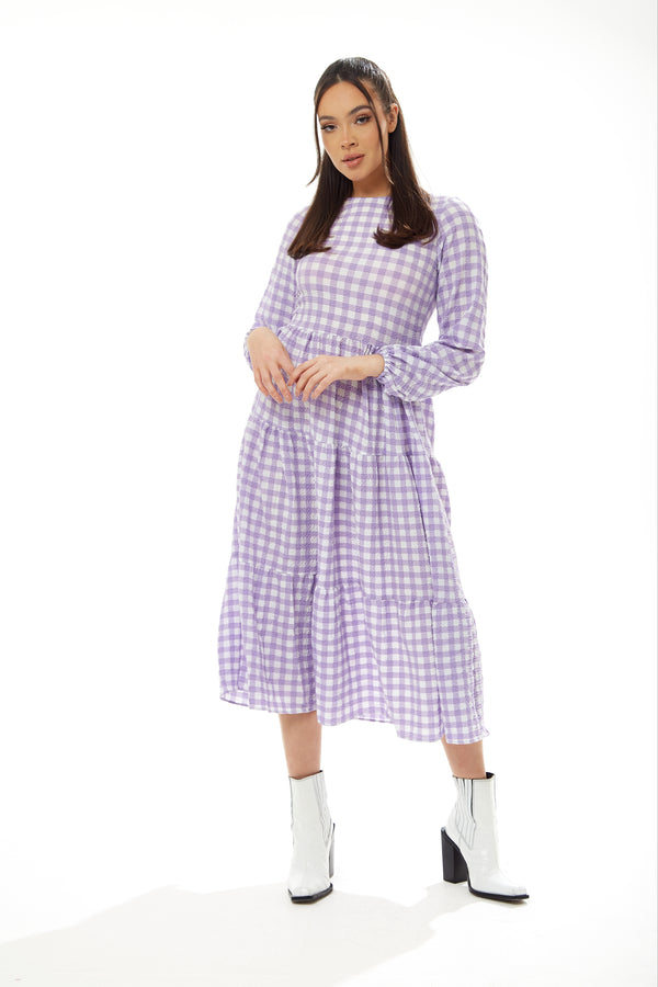 Liquorish Women's Midi Dress in Lilac and White Gingham with Long Sleeves - Perfect for City Outings Family Lunch and the Pub - Liquorish