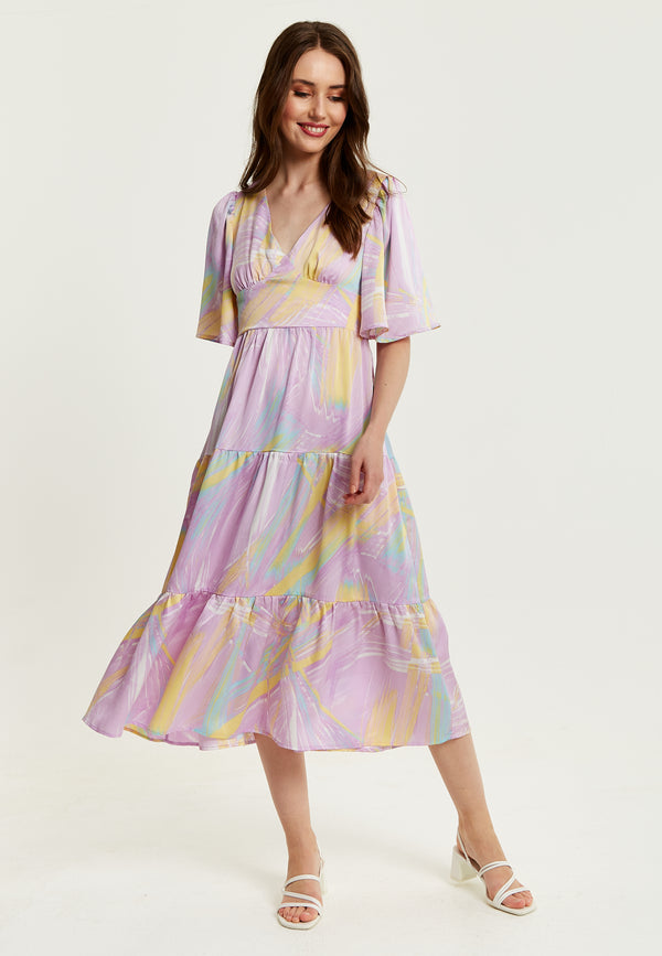 Liquorish Women's Midi Dress In Lilac With Kimono Sleeves And Abstract Zebra Print Stylish Fashion By Liquorish