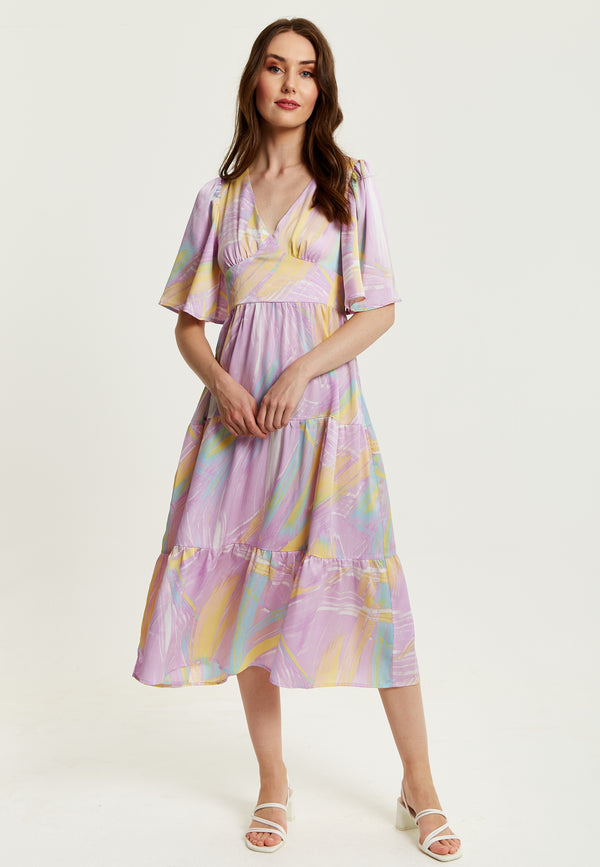 Liquorish Women's Midi Dress In Lilac With Kimono Sleeves And Abstract Zebra Print Stylish Fashion By Liquorish