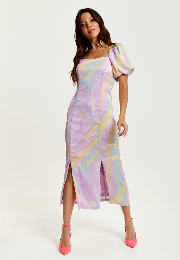 Liquorish Women's Midi Dress In Lilac With Puff Sleeves And Square Neck - Liquorish