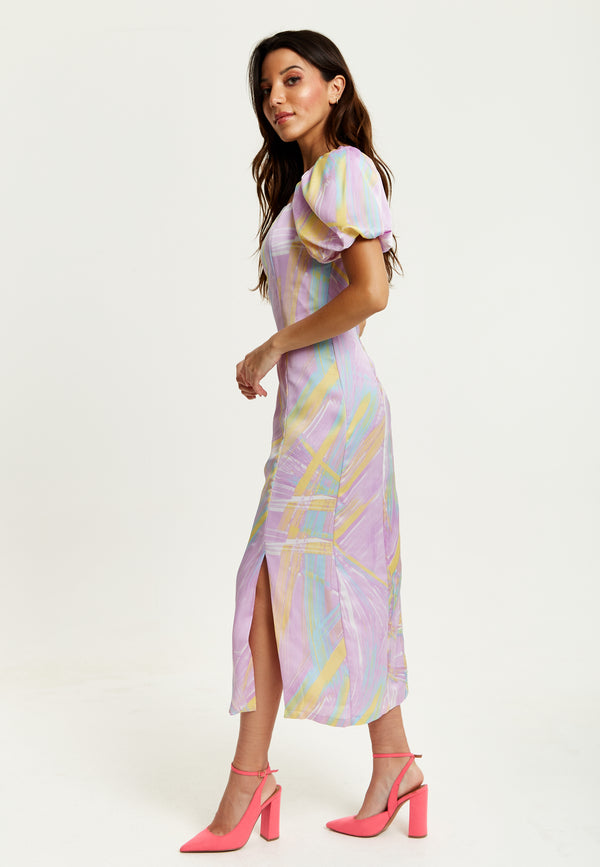 Liquorish Women's Midi Dress In Lilac With Puff Sleeves And Square Neck - Liquorish