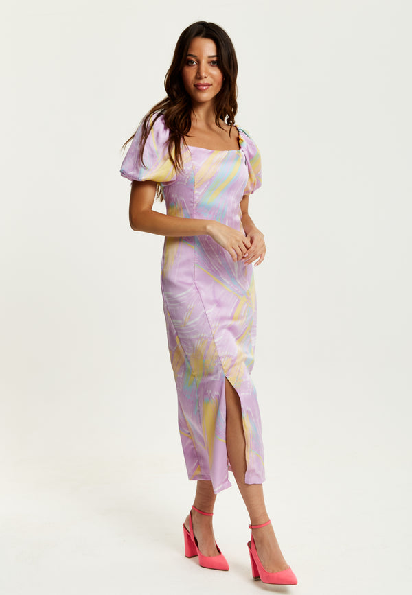 Liquorish Women's Midi Dress In Lilac With Puff Sleeves And Square Neck - Liquorish