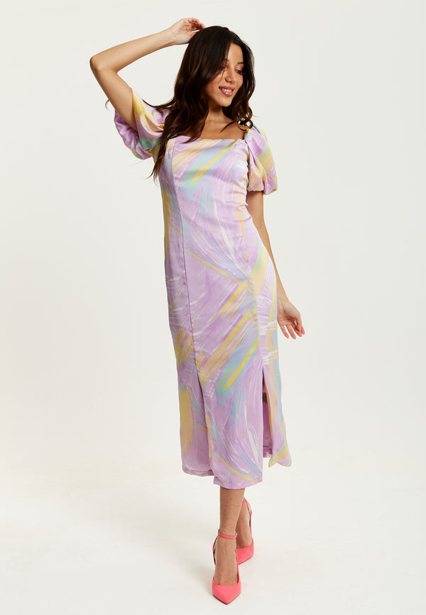 Liquorish Women's Midi Dress in Lilac with Puff Sleeves and Square Neck - Liquorish
