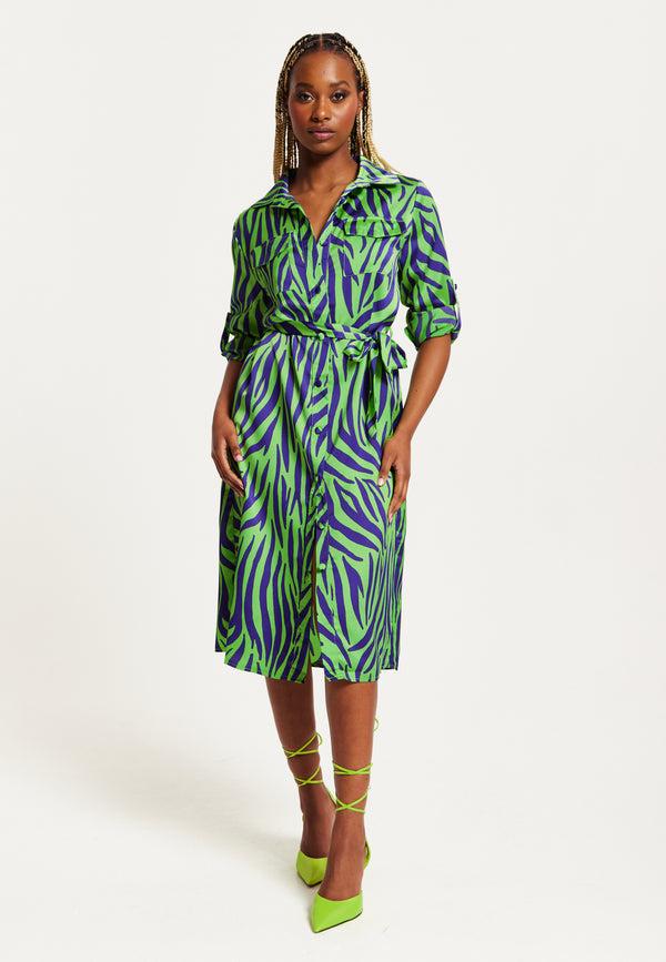 Liquorish Women's Midi Dress In Mint And Blue Zebra Print With Long Sleeves - Stylish Elegance By Liquorish