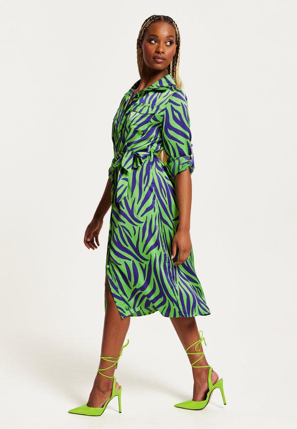 Liquorish Women's Midi Dress In Mint And Blue Zebra Print With Long Sleeves - Stylish Elegance By Liquorish