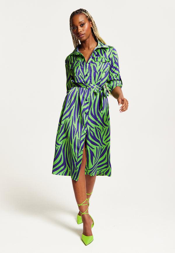 Liquorish Women's Midi Dress in Mint and Blue Zebra Print with Long Sleeves - Stylish Elegance by Liquorish