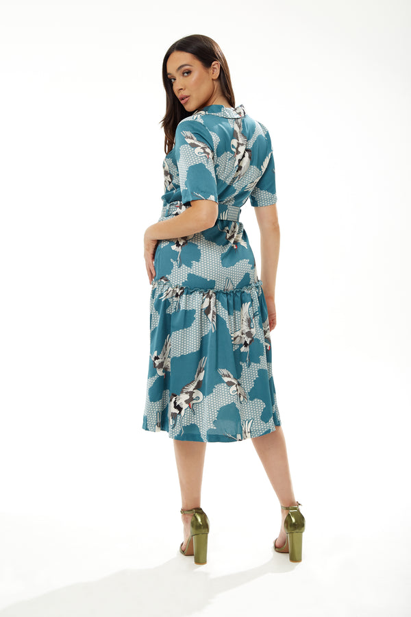 Liquorish Women's Midi Dress In Mint Green Bird Print With Short Sleeves And Belted Detail By Liquorish