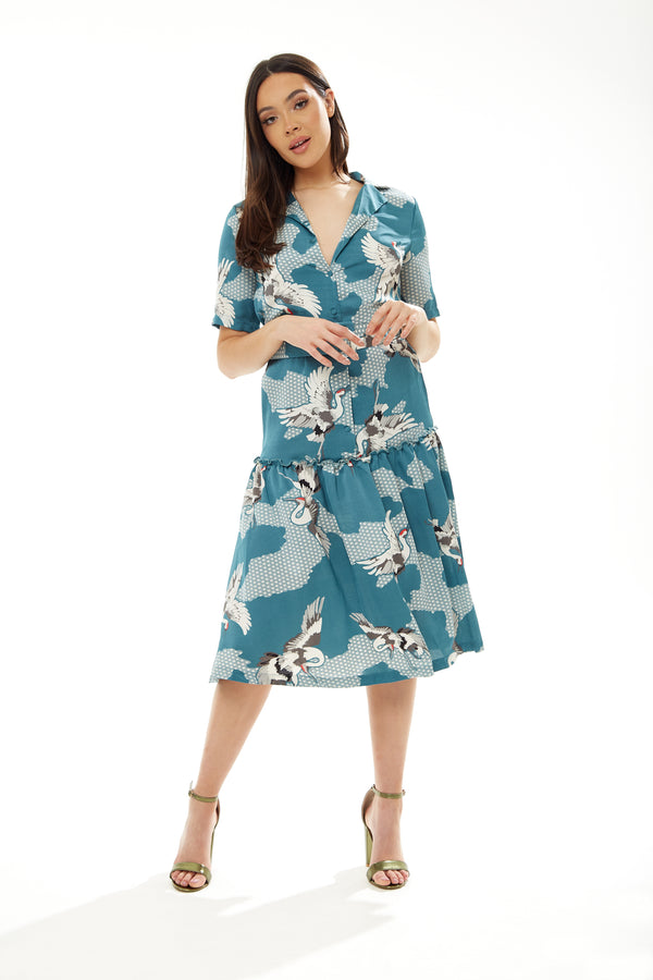 Liquorish Women's Midi Dress in Mint Green Bird Print with Short Sleeves and Belted Detail by Liquorish