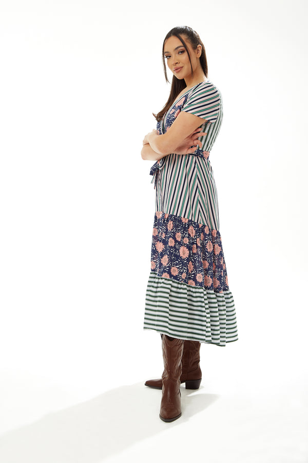 Liquorish Women’s Midi Dress In Mixed Stripe & Floral Print With Short Sleeves - Liquorish