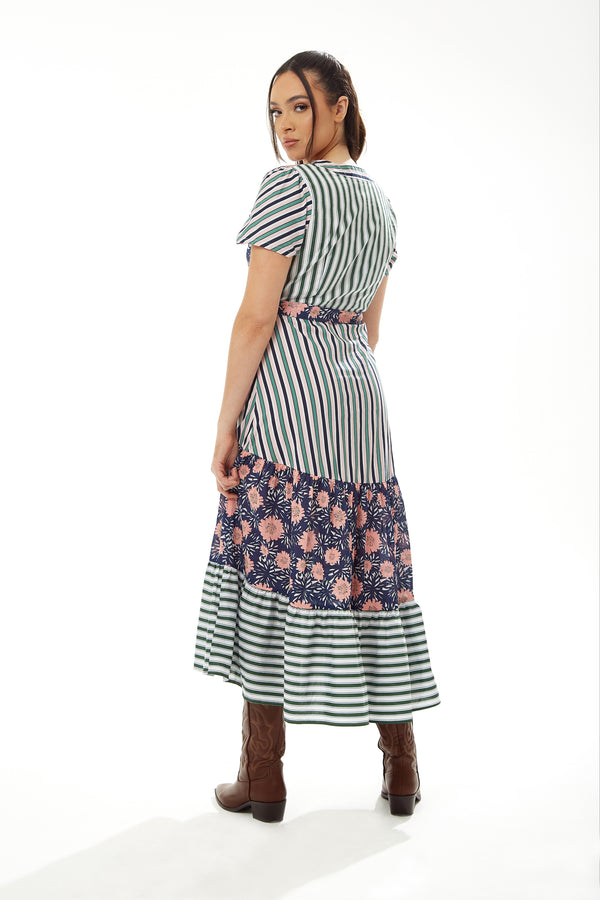 Liquorish Women’s Midi Dress In Mixed Stripe & Floral Print With Short Sleeves - Liquorish