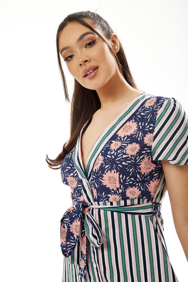 Liquorish Women’s Midi Dress In Mixed Stripe & Floral Print With Short Sleeves - Liquorish