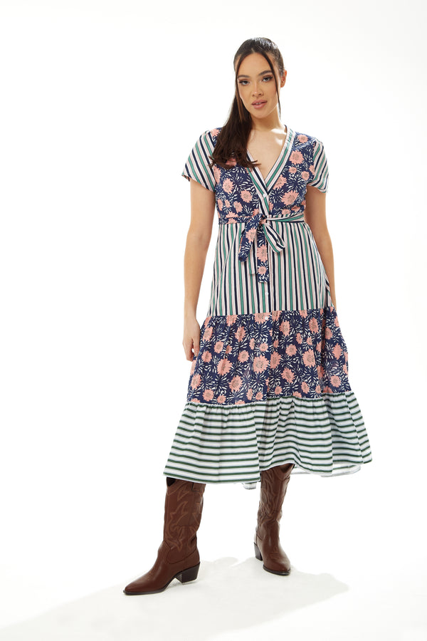 Liquorish Women’s Midi Dress in Mixed Stripe & Floral Print with Short Sleeves - Liquorish