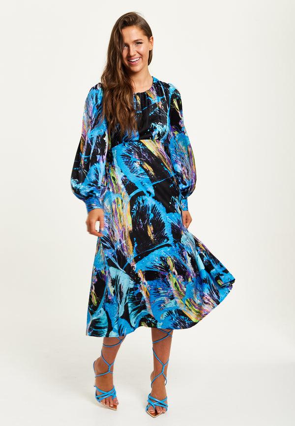 Liquorish Women's Midi Dress In Multicolour Abstract Print With Long Sleeves And Tie Waist - Liquorish