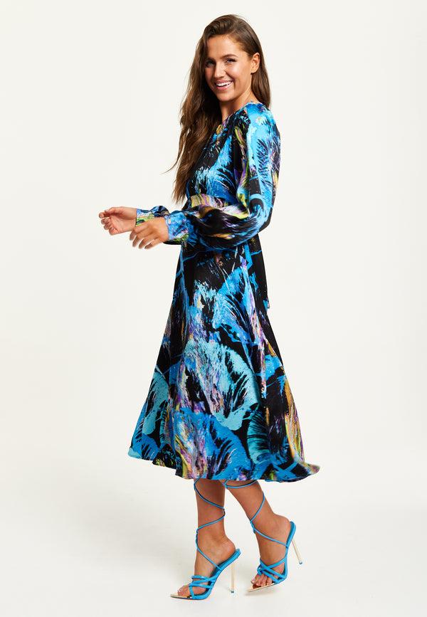 Liquorish Women's Midi Dress In Multicolour Abstract Print With Long Sleeves And Tie Waist - Liquorish