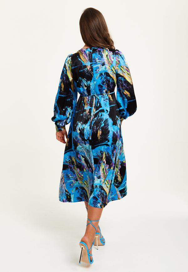 Liquorish Women's Midi Dress In Multicolour Abstract Print With Long Sleeves And Tie Waist - Liquorish