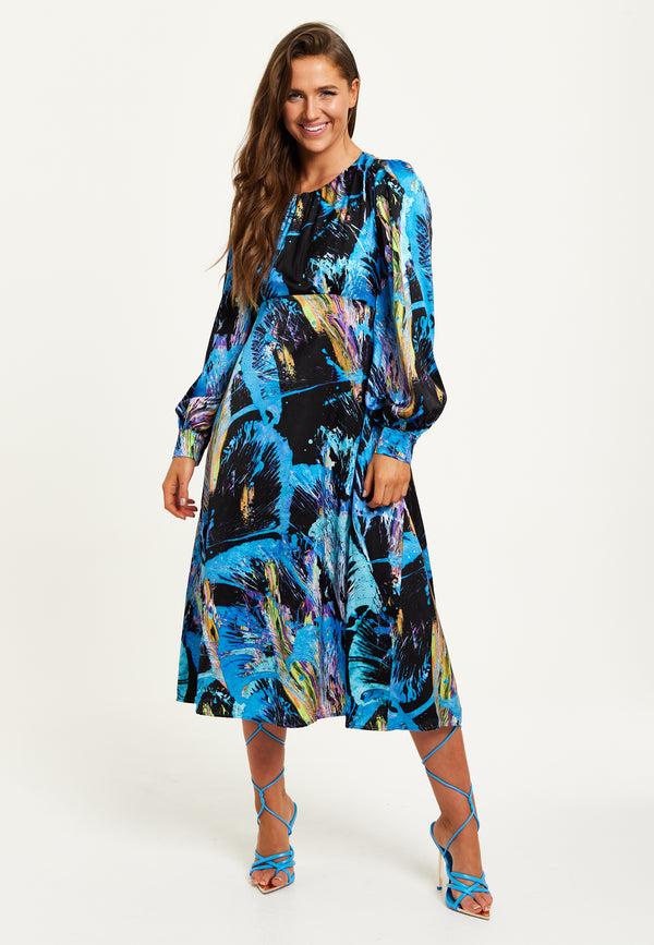Liquorish Women's Midi Dress in Multicolour Abstract Print with Long Sleeves and Tie Waist - Liquorish