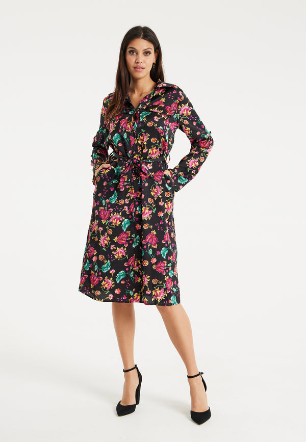 Liquorish Women’s Midi Dress In Multicolour Floral Print With Black Accents Long Sleeve Waist Tie Detail And Button Front Closure