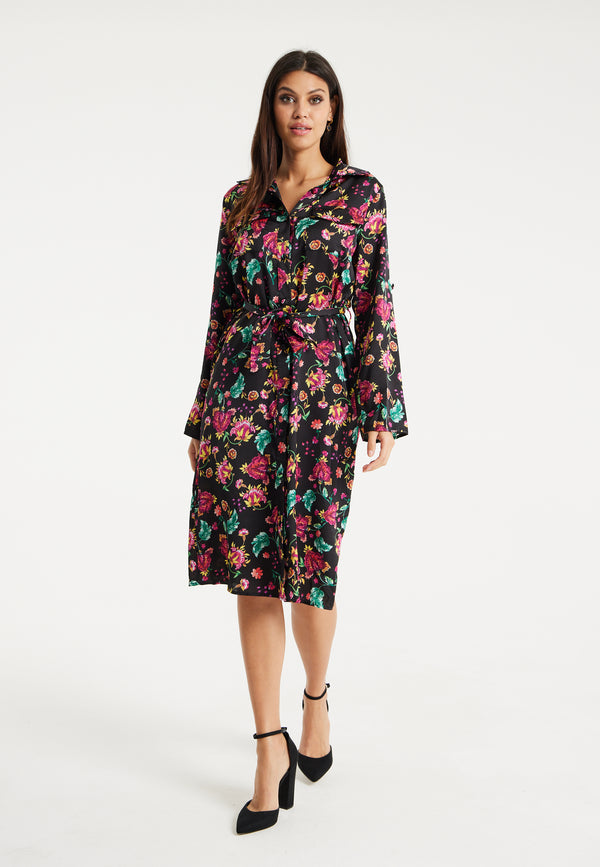 Liquorish Women’s Midi Dress In Multicolour Floral Print With Black Accents Long Sleeve Waist Tie Detail And Button Front Closure