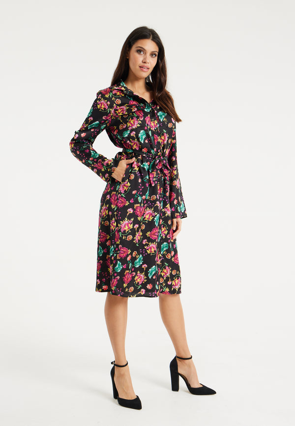 Liquorish Women’s Midi Dress In Multicolour Floral Print With Black Accents Long Sleeve Waist Tie Detail And Button Front Closure