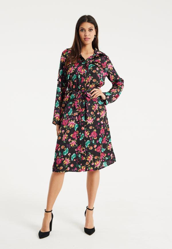 Liquorish Women’s Midi Dress in Multicolour Floral Print with Black Accents Long Sleeve Waist Tie Detail and Button Front Closure