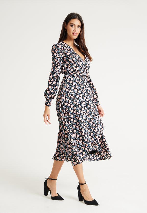 Liquorish Women's Midi Dress In Multicolour With Full-Length Sleeves - Elegant Floral Foliage Design By Liquorish