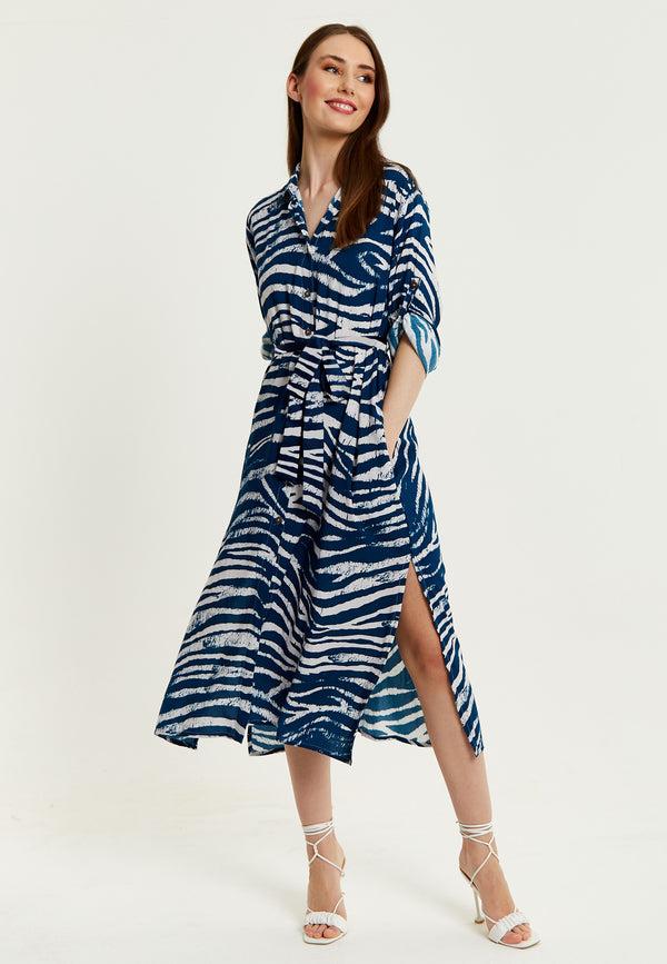 Liquorish Women's Midi Dress In Navy With Long Sleeves And Zebra Print Button-Up Front Tie Waist - Liquorish