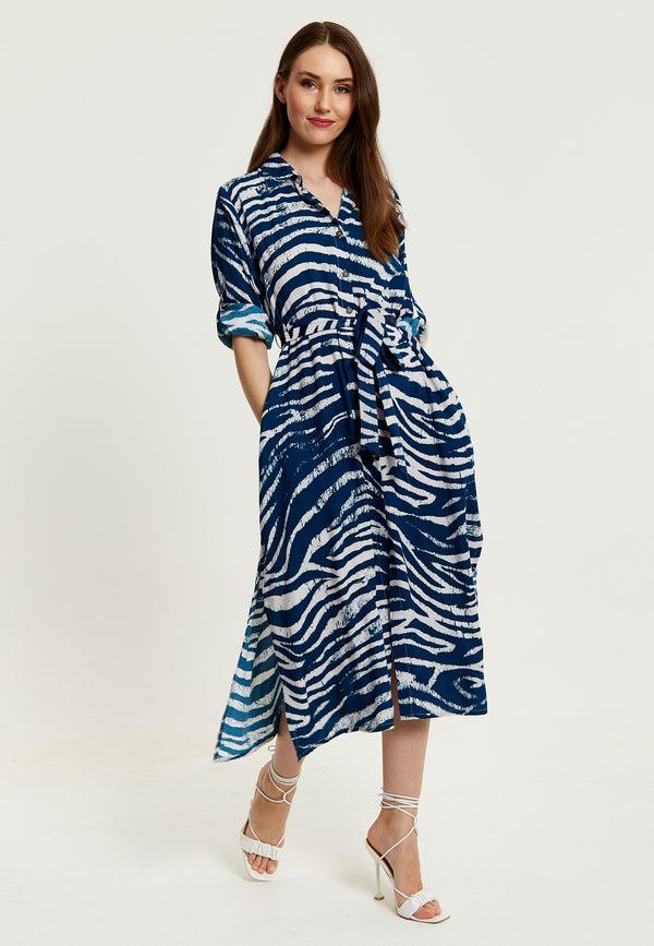 Liquorish Women's Midi Dress In Navy With Long Sleeves And Zebra Print Button-Up Front Tie Waist - Liquorish