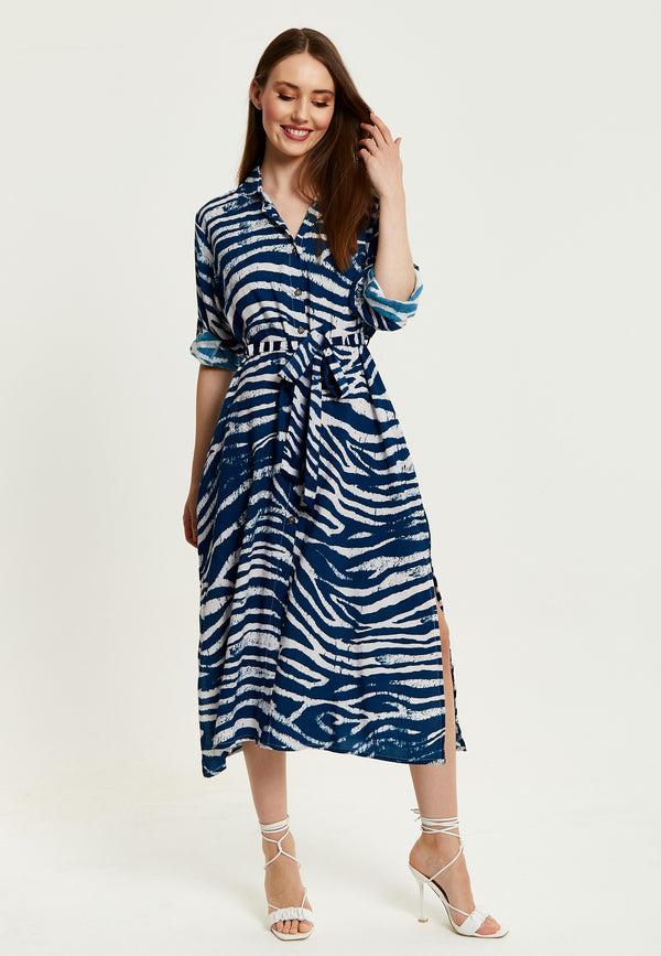 Liquorish Women's Midi Dress In Navy With Long Sleeves And Zebra Print Button-Up Front Tie Waist - Liquorish