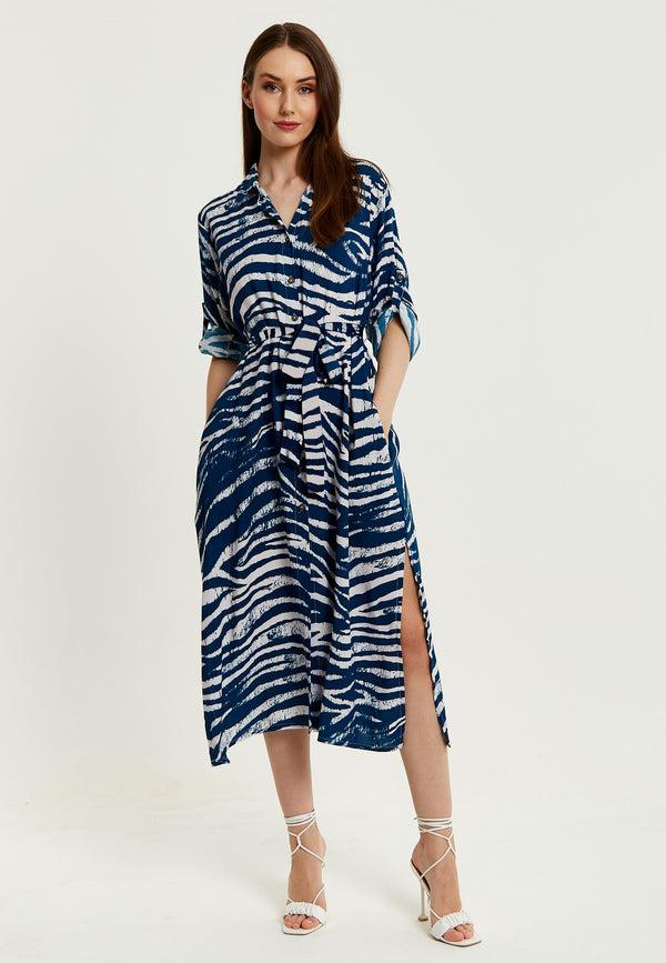 Liquorish Women's Midi Dress in Navy with Long Sleeves and Zebra Print Button-Up Front Tie Waist - Liquorish