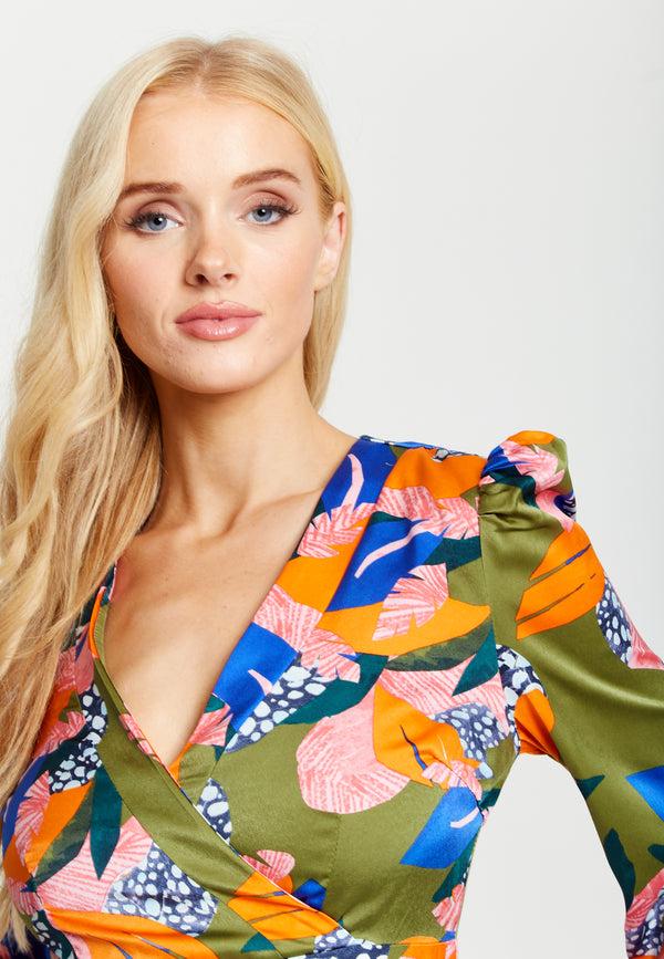 Liquorish Women's Midi Dress In Olive With Long Balloon Sleeves - Elegant Abstract Leaf Print By Liquorish