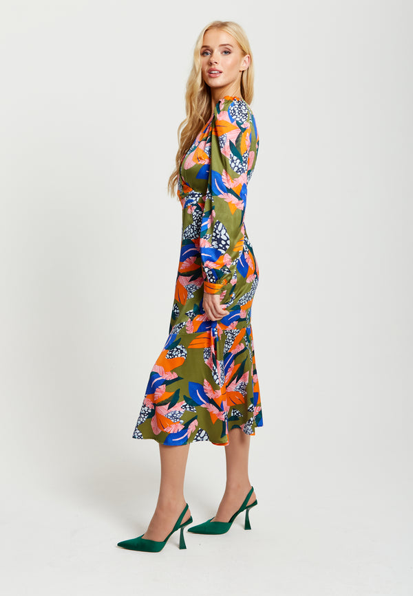 Liquorish Women's Midi Dress In Olive With Long Balloon Sleeves - Elegant Abstract Leaf Print By Liquorish