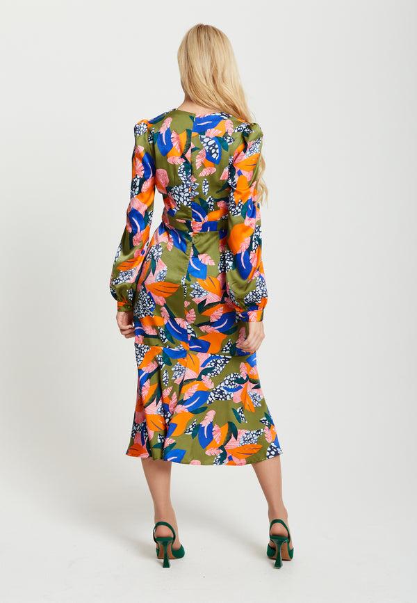 Liquorish Women's Midi Dress In Olive With Long Balloon Sleeves - Elegant Abstract Leaf Print By Liquorish