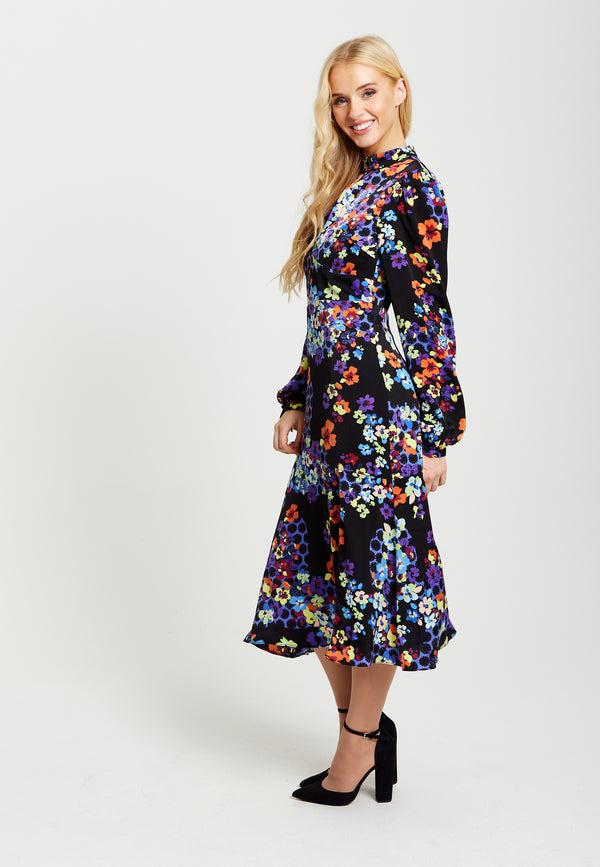 Liquorish Women's Midi Dress In Orange And Blue With Long Balloon Sleeves - Liquorish