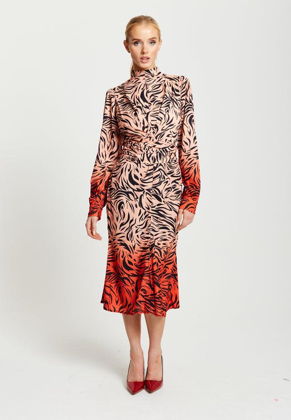 Liquorish Women’s Midi Dress In Orange And Nude With Long Sleeves And Draped Waist Detail Liquorish