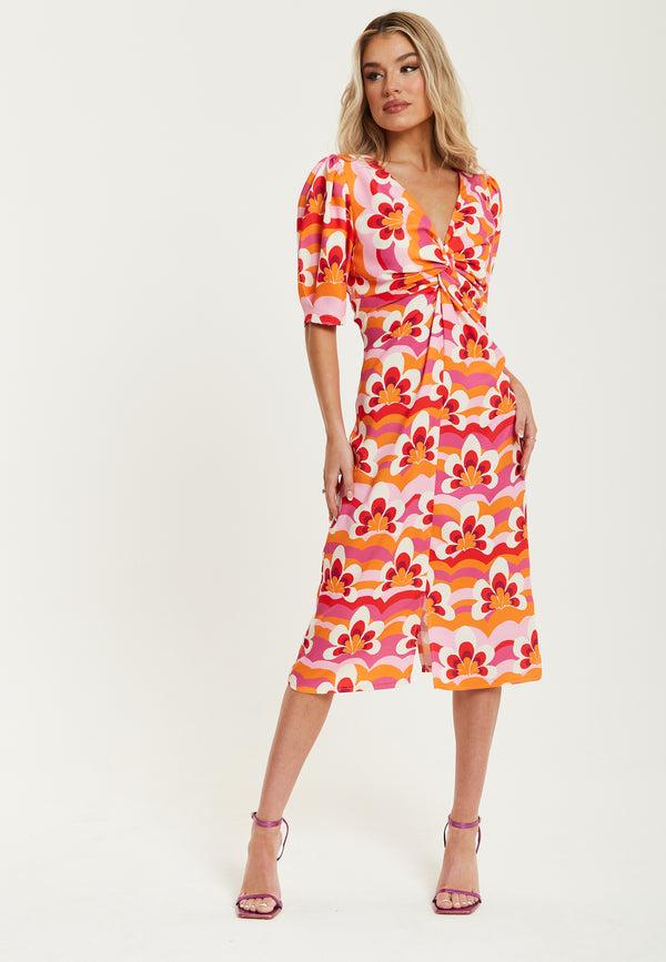 Liquorish Women's Midi Dress In Orange And Pink With Knot Front V Neck Short Sleeves And Front Slit - Liquorish